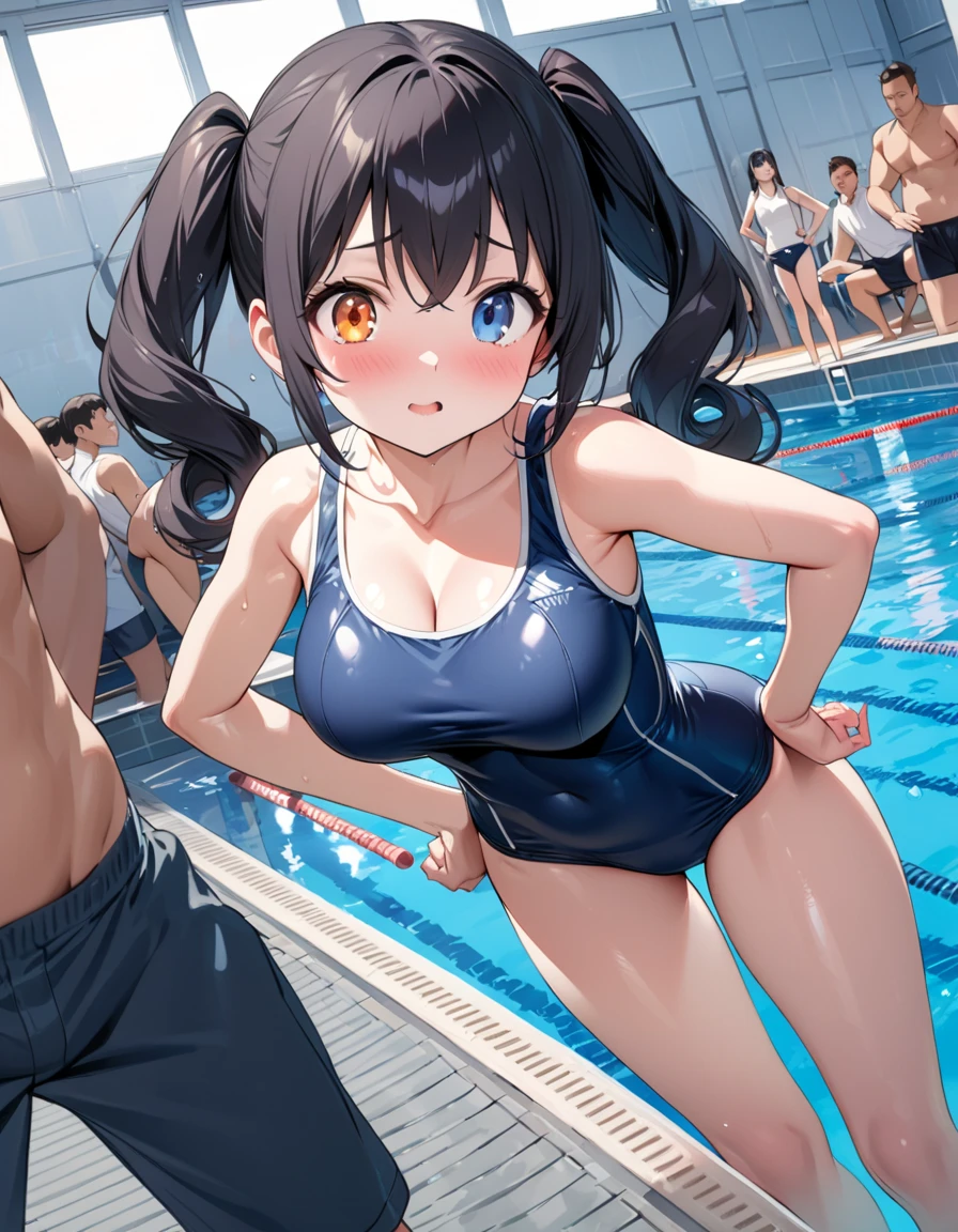 One Woman、beautiful girl、Swimming lessons、A large group of female students、Crowd of women、The crowd wears school swimsuits、high school girl、Navy blue school swimsuit、Long Hair、Poolside、Highest quality,  Thick thighs、Big 、Big Ass、Black Hair、Squatting with legs apart、Stick out your lower body、water droplets、Wet body