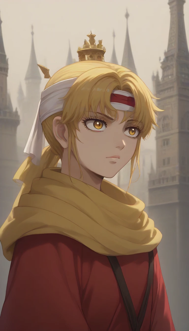  blond hair yellow eyes pony tail (((((**((Rachel Tower of God)))))))))  score_9, score_8_up, score_7_up, 1girl, kyoukai ((((cowl)))) ((headband)) slanted eyes 