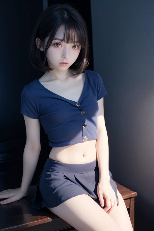 (((masterpiece:1.2))),(masterpiece、8K, realistic, Raw photo, highest quality: 1.4),japanese woman, (((Very beautiful 10 year old girl))), look at the camera、(((beautiful narrow eyes、Thin lips))) , (baby face : 2、very small breasts : 1.5、Undeveloped body : 1.5),beautiful skin、natural makeup, long eyelashes, (((Thin and beautiful black hair with bob hair))),(full body image), perfect limbs, perfect anatomy,(((A multi-layered skirt that clearly shows off your body line、Baggy sleeveless white Y-shirt)))、(((Cute baggy sailor uniform)))、((smile))、(((The skirt spreads and rolls up)))、(((bed)))、(((Lying)))、detailed background、(((I can see the belly button、I can see the lower abdomen)))、(((narrow shoulders、kneel down)))、(sloped shoulder)、obscene pose、white panties、