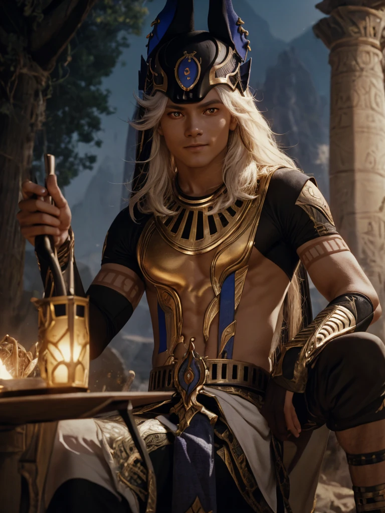 (max resolution: 1.2), (Ultra HDTV: 1.2), 8K resolution, Eye and skin details, detailed facial features, , (Sharp focus: 1, 2), ( Accurate focus) facial expressions: 1,2), 1 boy lying, 20-25 years old, (white hair), (Shirtless), Shirtless, Perfect muscles, 8 pack, (light sweat, white fluid, splashing all over the body), ((Little drops of sperm on 8-pack abs)), (((sperm, sperm))), splashed all over his face, splashed all over his abs, splashed all over his body, his face turned red from embarrassment. ((There is a faint word SelenaAI in the corner of the photo)),A 17-year-old handsome ,young man,with six-pack, white hair, orange eye pupils, wearing long big colourfull transparent cloth of light and sperm, anubis hat, golden accents, full body, the large purple claws were made of purple lightning magic, lying on the ground,background pyramid room dawn,covered by white slime, white slime everywhere, looking at sky, in marvel comics panels marvel comics art style whole body covered by sperm, naked, big long erection penis , cumming