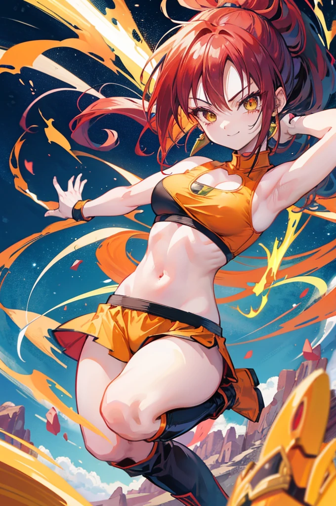 (masutepiece, Best Quality:1.2), Cowboy Shot, Solo, 1girl in, Hiryū, Smile, Looking at Viewer,Orange Micro Bikini , partially fingerless gloves、The background is professional wrestling、is standing、Facing the front