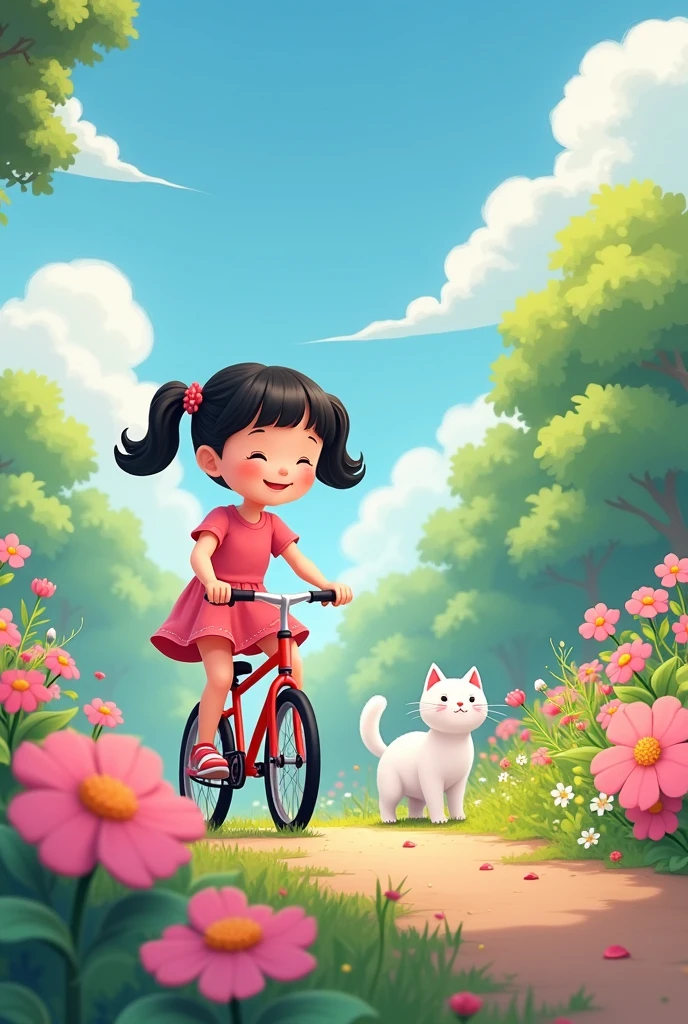A young Chinese girl riding a bicycle, long black hair, happy, smiling, a white puppy sitting on the handlebars, children's picture book, light watercolor