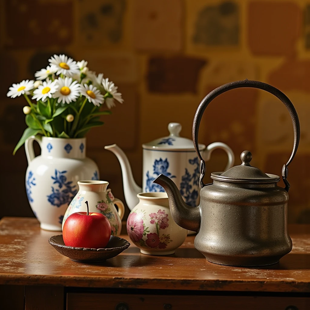 “A rustic still life arrangement on a wooden table with a warm, earthy background. The centerpiece features an antique, weathered metal kettle with a curved handle, placed next to a vibrant red apple. Beside them, there is a ceramic teapot adorned with floral designs and a larger white ceramic jar with delicate blue patterns. In the blurred background, a vase of white daisies adds a soft and natural touch to the scene. The lighting emphasizes the textures and contrasts, creating a nostalgic and cozy atmosphere.”