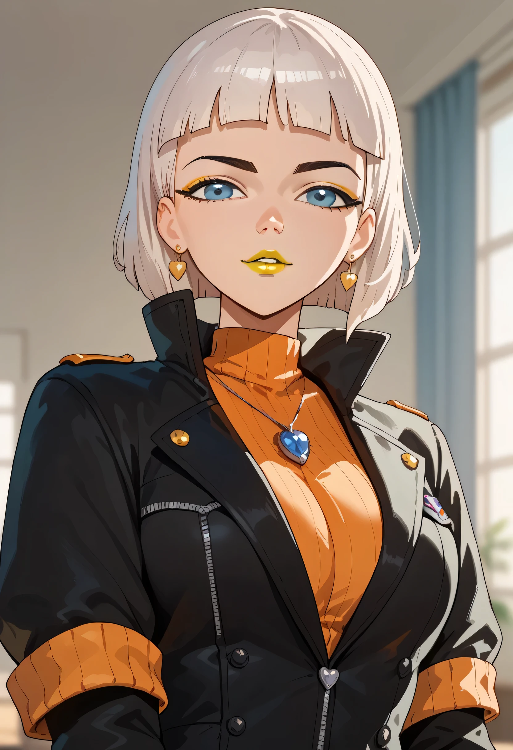 woman, white hair, white skin, big breasts, anime style, yellow lipstick, short hair, orange blouse, black jacket, blue eyes, blue eye shadow, Jentry chau 