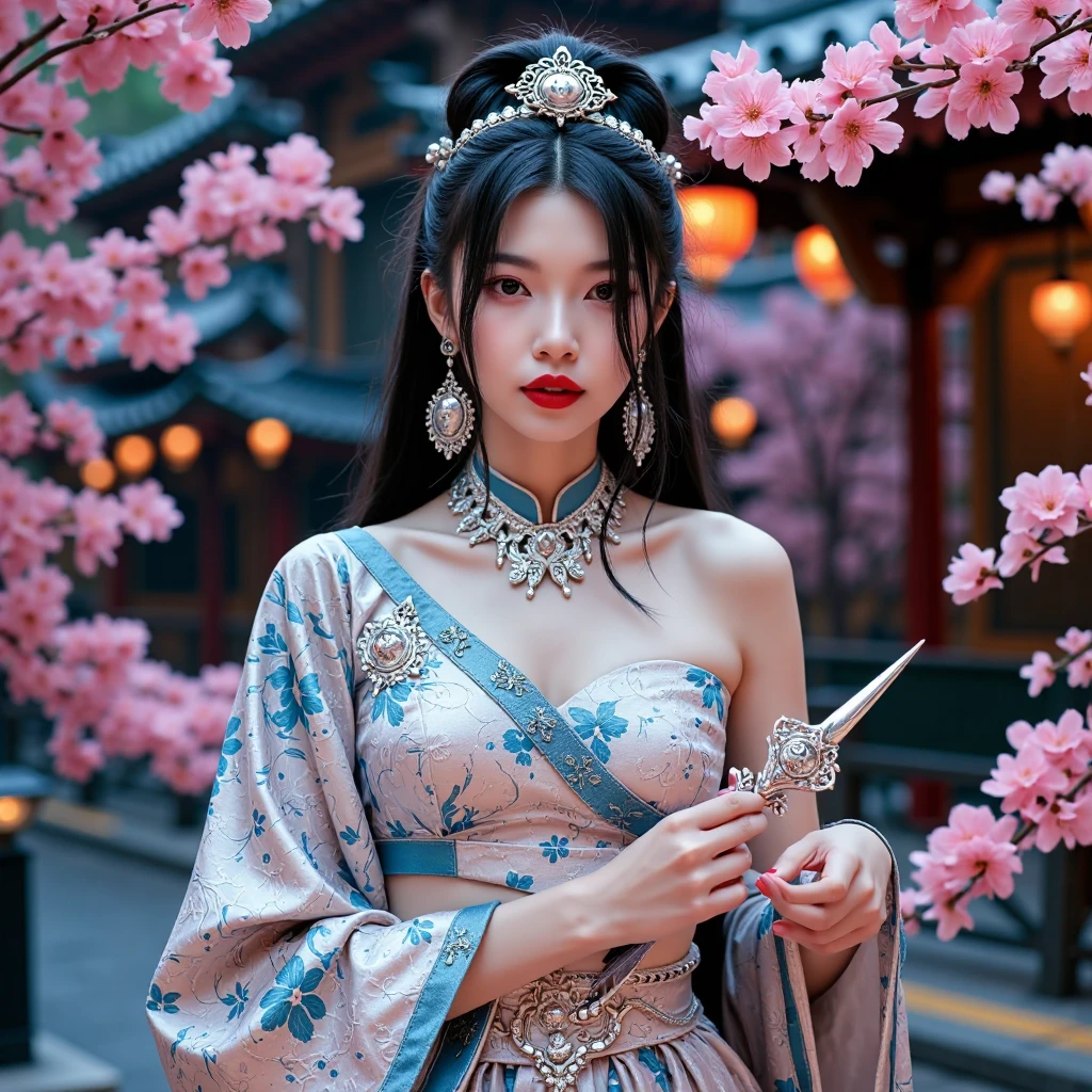 In a futuristic scene, Geisha in Japan with mechanical reinforcement、Elegant in elaborate gardens. She has beautifully detailed eyes and lips that complement her face.. Les geishas portent des kimonos traditionnels avec des motifs et des dessins complexes. Around her are bright cerisier and a quiet carp pond. The scene is painted with a mixture of'illustration et de photoréalisme, Ultra-detailed brushstrokes and clarity, Des couleurs vives. L'éclairage souligne les traits élégants de la geisha, Donne à sa peau de porcelaine un éclat doux. The works of'art are of the highest quality, Résolution 4K ou 8K, Showcase the Intricate Details of Geisha Outfit, cerisier, And the shimmering scales of the carp. La palette de couleurs globale est、C'est une combinaison de nuances traditionnelles du Japon, cramoisi, etc.., les noirs, and subtle golden accents, very flowery with cherry trees. La fusion des traditions anciennes et des fleurs de cerisier ,du printemps japonais、Create captivating, visually striking masterpieces.(shoulders are exposed), un air hautain,hautaine,La poitrine est visible、Vous pouvez voir la vallée、sont visibles、exposed shoulders、(collier en dentelle:1,2),Chest revealed、(Off the shoulder style) (teinte fuchsia:3,1)