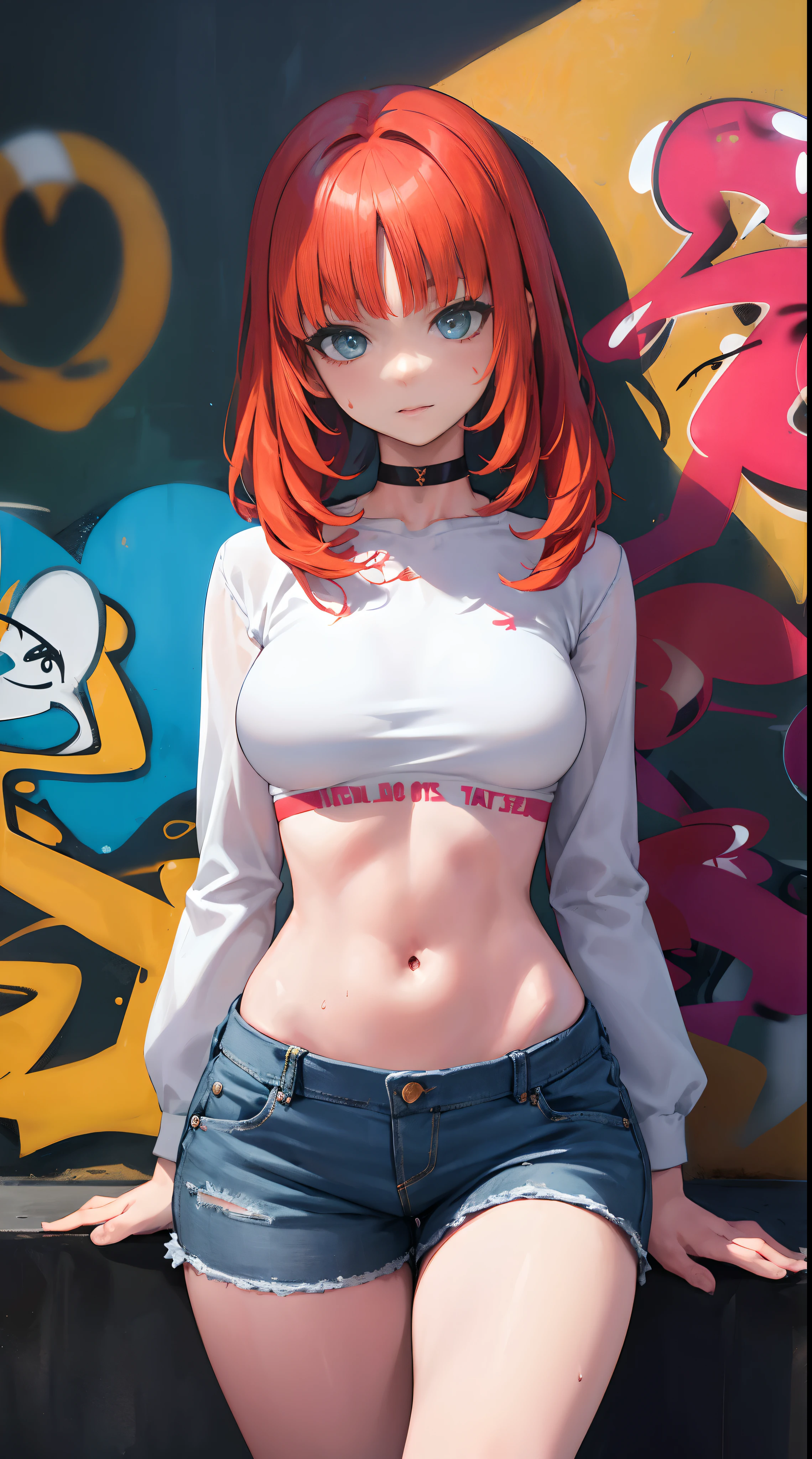 ((hands in the pocket)),1girl,sexy, sunglass, ((arms down)), underboob, shirt, gim pants, perfect face,defined abdomen,masterpiece,hidden boobs, BREAK , red hair, wall,shadow, astetics, style, ponytail, looking to the side, graffiti on wall BREAK masterpiece, high details, gorgeous