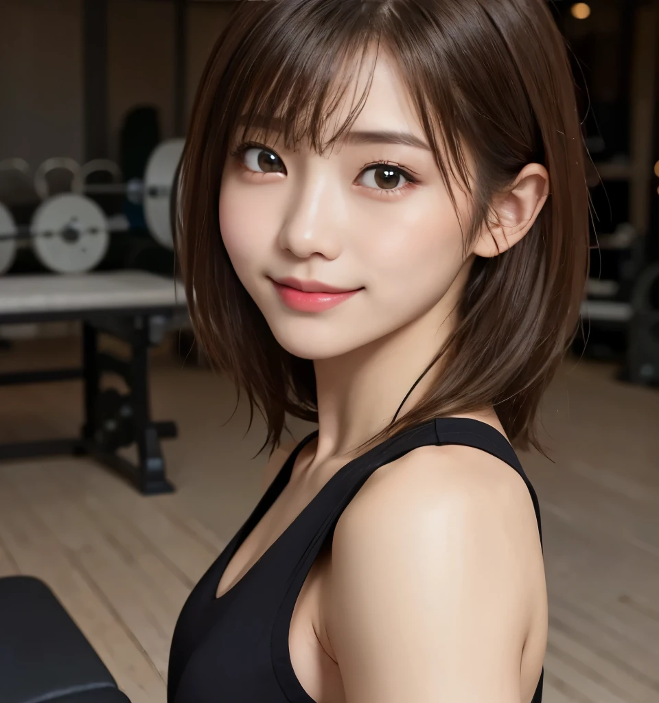   Top Quality、8k、masterpiece、    Super high resolution   、Clear Photo、  actual photo  、   realistic  、      professional lighting     、( Very cute girl 、  cute girl、  Cute Yuki Yoda  、  Cutest  )、smile、   very short hair   :1.6、   brown hair  、 beautiful hair、Ultra slim、(   open your eyes)、     beautiful eyes  、( small breasts、   flat chest)、   front side of body   、( muscularity:1.6、   six pack  、 biceps brachial muscle )、(    wear a white sports bra  :1.8、Wear short leggings、Low-rise leggings)、(  I can see my underbust )、(   training gym、( Black bench  :1.4、weightlifting、 Black bench   :1.6、  Lie down and turn your head to the side:1.6)、 dumbbells that guys are paying attention to)