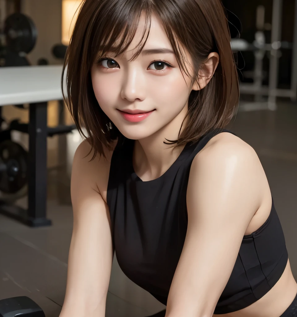   Top Quality、8k、masterpiece、    Super high resolution   、Clear Photo、  actual photo  、   realistic  、      professional lighting     、( Very cute girl 、  cute girl、  Cute Yuki Yoda  、  Cutest  )、smile、   very short hair   :1.6、   brown hair  、 beautiful hair、Ultra slim、(   open your eyes)、     beautiful eyes  、( small breasts、   flat chest)、   front side of body   、( muscularity:1.6、   six pack  、 biceps brachial muscle )、(    wear a white sports bra  :1.8、Wear short leggings、Low-rise leggings)、(  I can see my underbust )、(   training gym、( Black bench  :1.4、weightlifting、 Black bench   :1.6、  Lie down and turn your head to the side:1.6)、 dumbbells that guys are paying attention to)