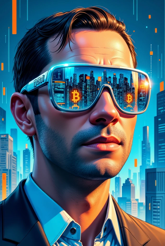 ((Masterpiece)), (best quality), (ultra-detailed), A **portrait of President Glauber Piva** wearing sleek, **futuristic sunglasses**. The reflection in the lenses reveals a vibrant **cityscape** filled with glowing **Bitcoin symbols** and intricate **blockchain patterns**, emphasizing a high-tech, digital economy.  

The artwork utilizes a striking **blue and orange color scheme**, blending cool, futuristic tones with warm, dynamic highlights. The portrait focuses on **sharp facial details**, with precise shading, realistic lighting, and subtle texture on the skin. The background is abstract yet complements the futuristic theme, enhancing the subject's presence. **(futuristic president, Bitcoin cityscape reflection, blockchain patterns, vibrant blue and orange palette, high-tech portrait)**.  