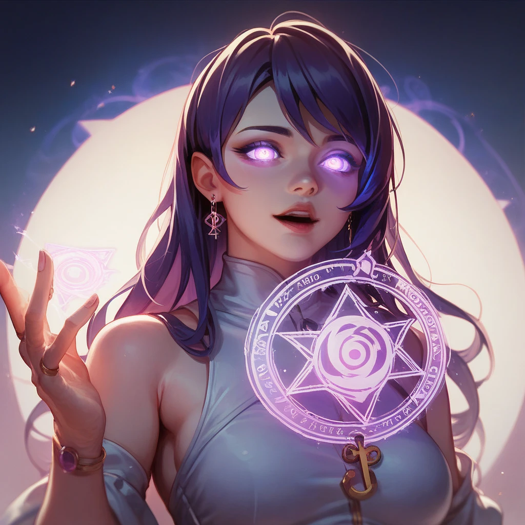 upper body of arcane mage woman, glowing iridescent runes, casting spell, purple hair and glowing eyes, naked, topless, (small breasts), black background, dark atmosphere, shout, ritual