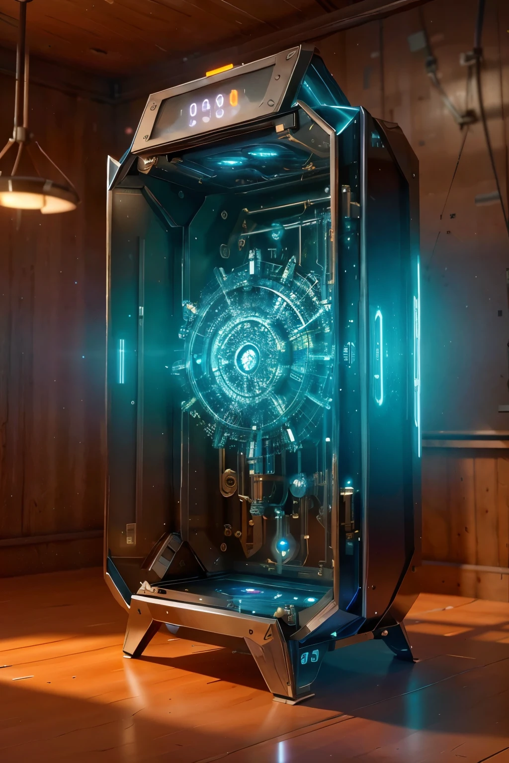 a futuristic time machine, intricate gears and mechanisms, glowing energy core, chrome and glass details, advanced control panel, sci-fi interior, dynamic lighting, cinematic composition, photorealistic, highly detailed, 8k, masterpiece