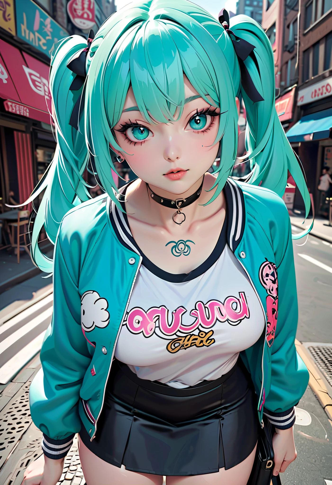 A 10 year old girl with colorful vibrant hairstyle, wearing a black cat hat, large breasts, and Her gorgeous eyes are looking upwards to her left with a soft expression. She has tattoos visible on her arms and face. She's dressed in a green camouflage jacket over a pink top, ultra hd, 8k detailed