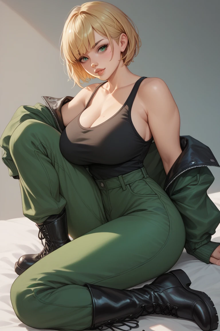 1 girl, voluptuous, short blonde hair with bangs, green jumpsuit, black tank top, black leather boots