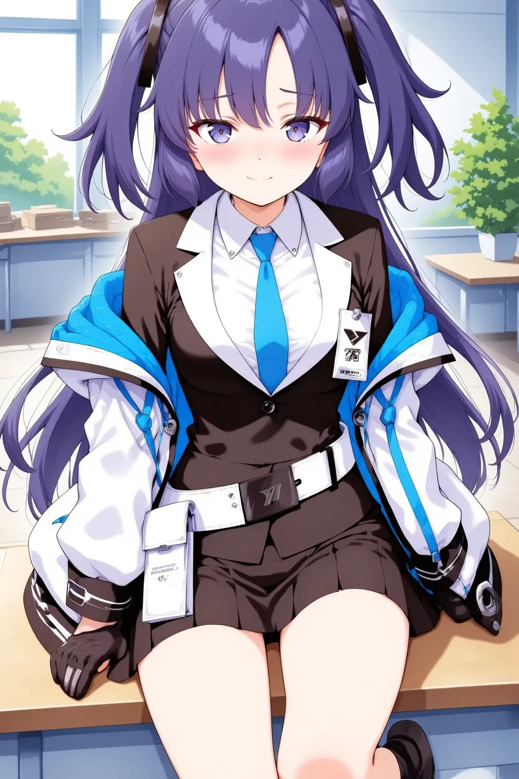 1girl,yuuka\(blue archive\),purple eyes,purple hair,long hair,two side up,halo,jacket,necktie,shirt,half gloves,pleated skirt,belt,black footwear,expressionless,sitting,crossed legs,full body,classroom