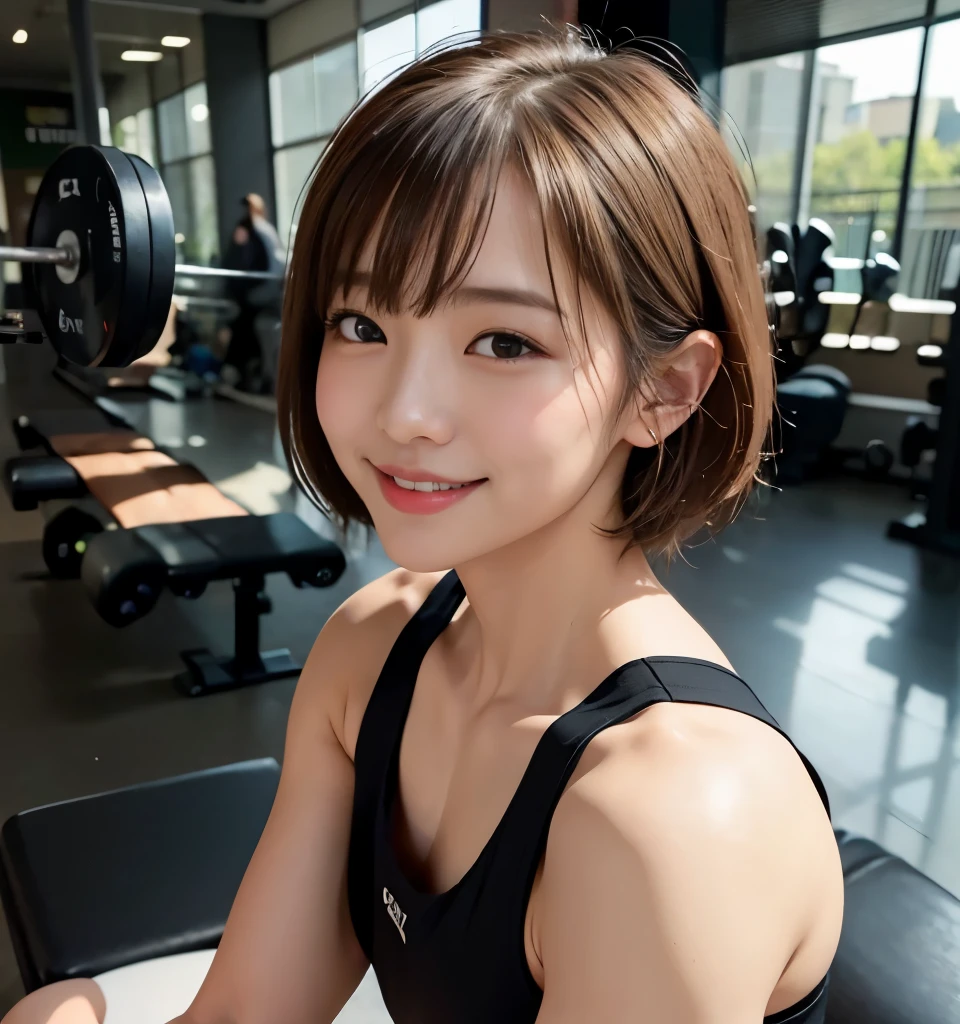   Top Quality、8k、masterpiece、    Super high resolution   、Clear Photo、  actual photo  、   realistic  、      professional lighting     、( Very cute girl 、  cute girl、  Cute Yuki Yoda  、  Cutest  )、smile、   very short hair   :1.6、   brown hair  、 beautiful hair、Ultra slim、(   open your eyes)、     beautiful eyes  、( small breasts、   flat chest)、   front side of body   、( muscularity:1.6、   six pack  、 biceps brachial muscle )、(    wear a white sports bra  :1.8、Wear short leggings、Low-rise leggings)、(  I can see my underbust )、(   training gym、( Black bench  :1.4、weightlifting、 Black bench   :1.6、  Lie down and turn your head to the side:1.6)、 dumbbells that guys are paying attention to)