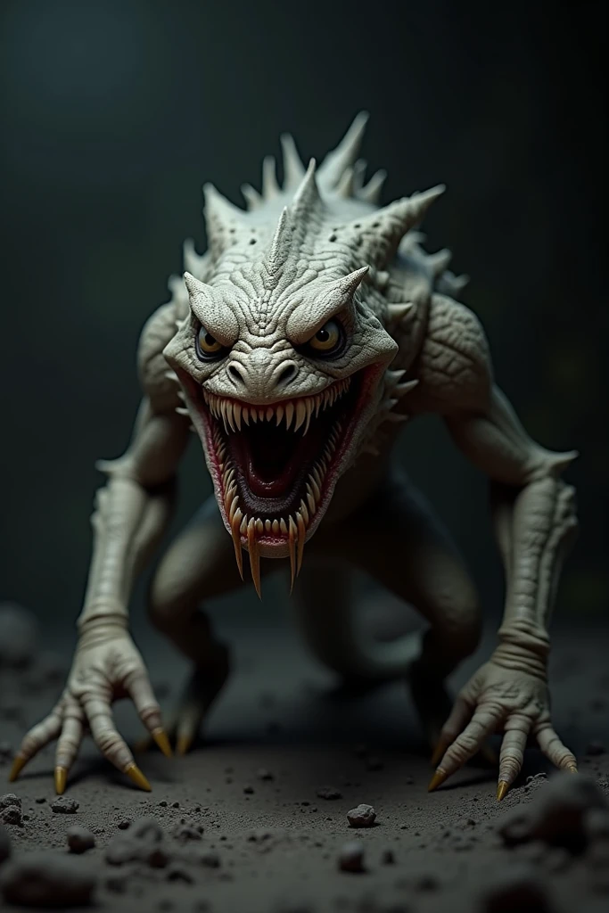Amateur photo of a monster with gloved eyes, Open your mouth (Snake tongue sticking out), The body is covered with silvery scales., gill, Eyes with vertical pupils, Feet with huge claws,Ancient ones, (very fast Action Scenes:1.5) , Action Scenes, Octane Rendering, super high quality, Super detailed