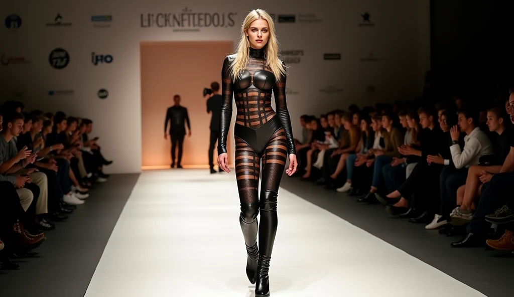 A woman in her 50s wearing a see-through bodysuit and thigh-high boots, Steven Klein, Translucent dress, transparent gray dress, inspired Vanessa Beecroft, Thierry Mügler, Herpen Iris, See-through dress, Herpen Iris rankin, Vanessa Beecroft, steven meisel, Juergen Teller style, Herpen Iris!!!