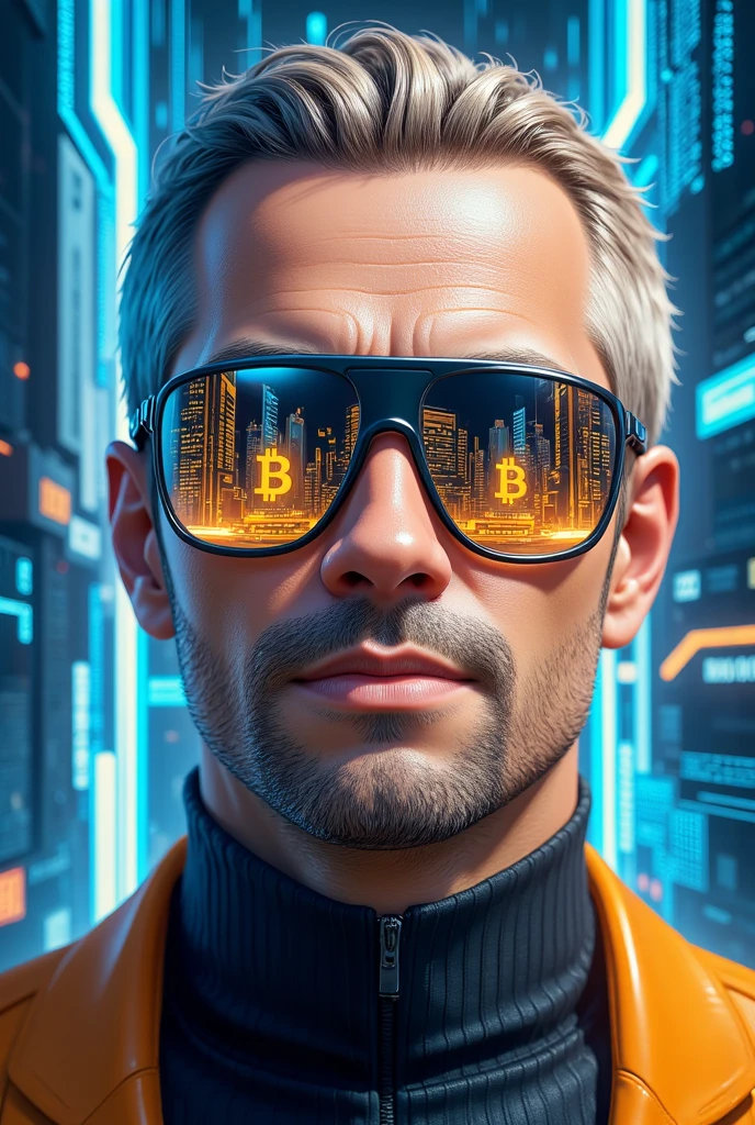 ((Masterpiece)), (best quality), (ultra-detailed), A **portrait of President Glauber Piva** wearing sleek, **futuristic sunglasses**. The reflection in the lenses reveals a vibrant **cityscape** filled with glowing **Bitcoin symbols** and intricate **blockchain patterns**, emphasizing a high-tech, digital economy.  

The artwork utilizes a striking **blue and orange color scheme**, blending cool, futuristic tones with warm, dynamic highlights. The portrait focuses on **sharp facial details**, with precise shading, realistic lighting, and subtle texture on the skin. The background is abstract yet complements the futuristic theme, enhancing the subject's presence. **(futuristic president, Bitcoin cityscape reflection, blockchain patterns, vibrant blue and orange palette, high-tech portrait)**.  