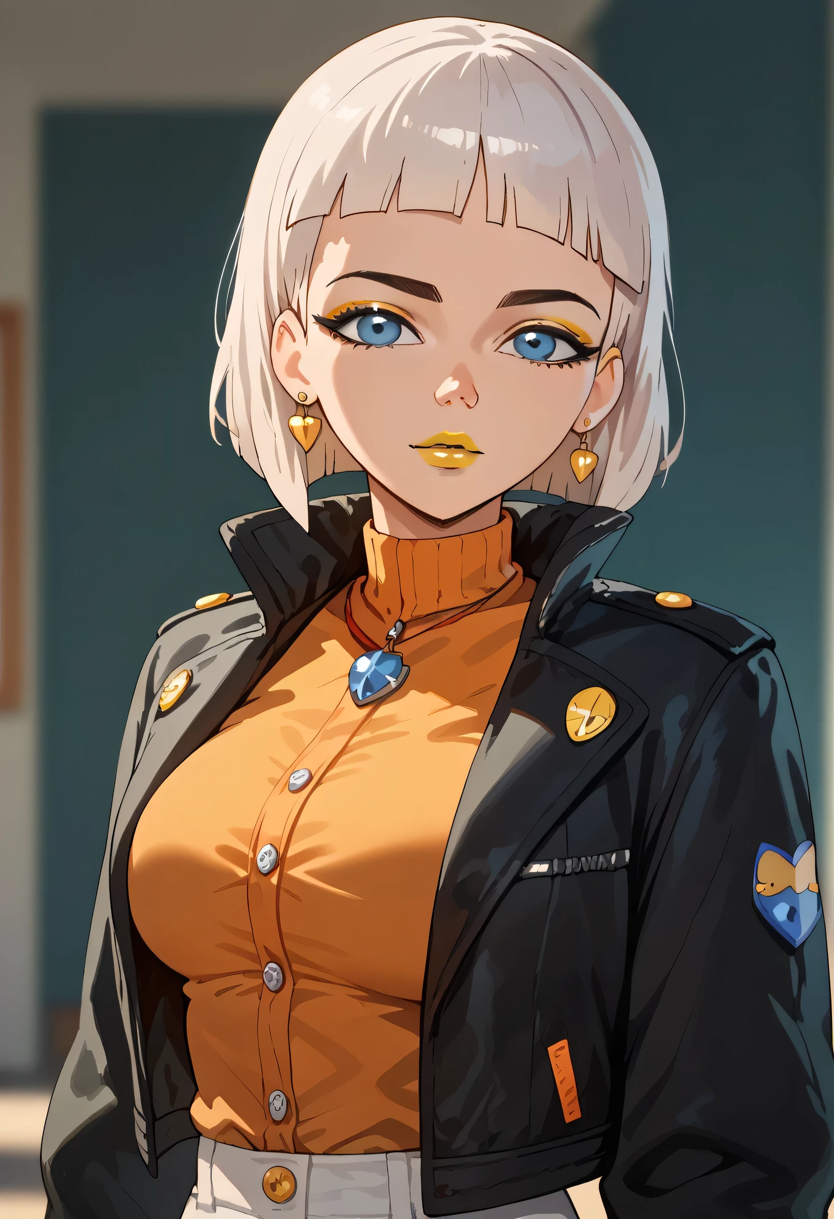 woman, white hair, white skin, big breasts, anime style, yellow lipstick, short hair, orange blouse, open black jacket, blue eyes, blue eye shadow, Jentry chau 