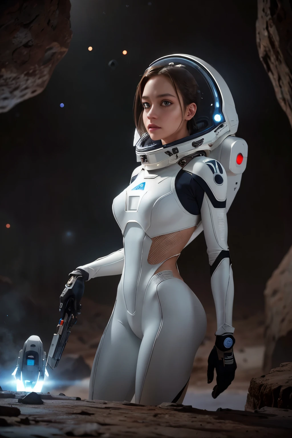 a futuristic space exploration scene, 1girl wearing a white spacesuit, beautiful detailed eyes, beautiful detailed lips, extremely detailed face, long eyelashes, astronaut holding a high-tech device, advanced alien spacecraft in the background, floating rocks and debris, colorful nebula, digital art, cinematic lighting, vibrant colors, dramatic atmosphere, highly detailed, 8k, photorealistic, concept art style