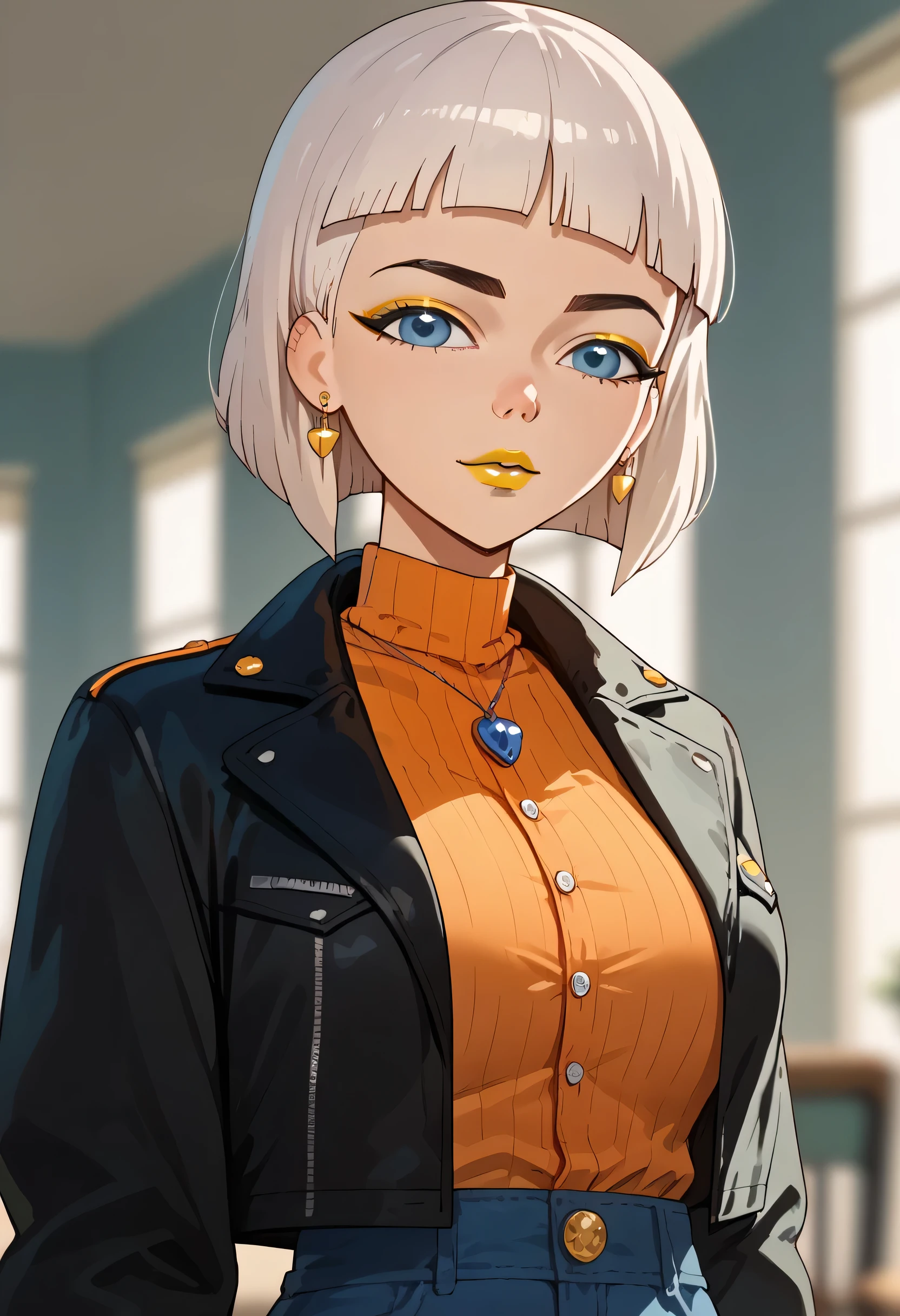 woman, white hair, white skin, big breasts, anime style, yellow lipstick, short hair, orange blouse, open black jacket, blue eyes, blue eye shadow, Jentry chau 