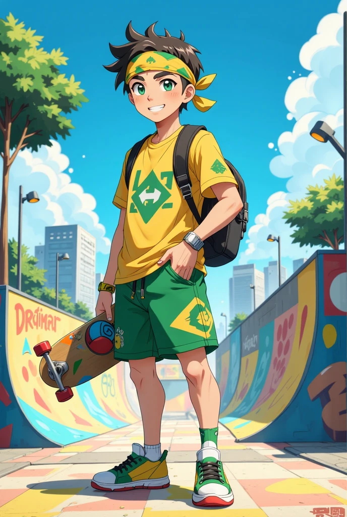 ((Masterpiece)), (best quality), (ultra-detailed), A **Brazilian Pokémon trainer** in a vibrant **skater outfit**, featuring a colorful **bandana tied around his forehead**. The character exudes confidence, holding a **Pokéball** in one hand and a **skateboard** in the other.  

The outfit showcases a dynamic and tropical design with **bold patterns** and colors inspired by the Brazilian flag: **green, yellow, and blue**. He wears a loose-fitting **graphic T-shirt**, **casual shorts**, and stylish **sneakers**, complemented by accessories like wristbands or a backpack. The background highlights a sunny, urban **skate park setting** with graffiti, adding energy and a modern vibe to the composition. **(Brazilian trainer, skater outfit, vibrant tropical colors, Pokéball, skateboard, urban background, dynamic and energetic style)**.  