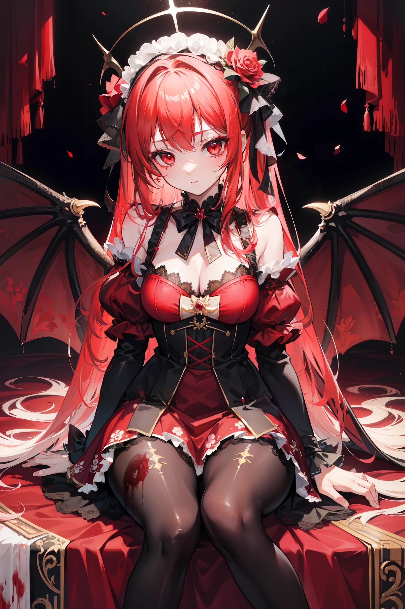 ( extremely detailed CG unification), Detailed Clothes ,ta, masterpiece, Extremely exquisite and beautiful, Devil Girl,Blood splash , 1 Girl, Sitting, messy hair , beautiful detailed eyes, red eyes, lace pantyhose ,Floral scent,Succubus's horns,Girls' Shoes ,Avoid extra feet ,bathed in blood,scary background,Repair finger