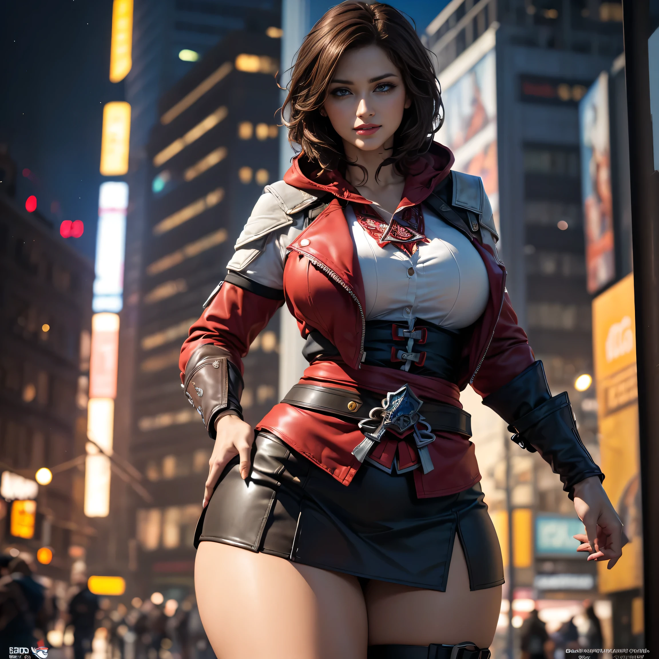 A cybernetic woman, with a perfect sculptural whole body, realistic, belly appearing, (large and perfect breasts), neckline, 3d, with hood on the head and a cape, and a red visor in the right eye, anime style 3d, ultra realistic, HD,  