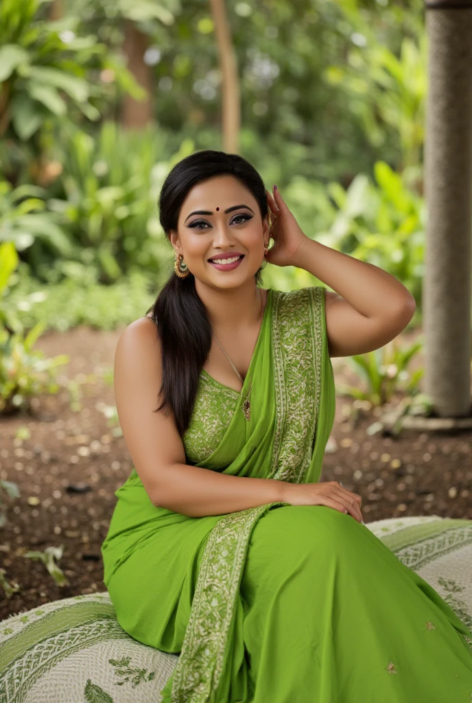 daytime view, close up shot of vedhika from batop view, wearing green saree, hand behind head, sit ground, looking to viewers, smile, forest background, big and curvy cheeks, hourglass figure, sexy navel, swooping breasts, ponytail, black hair, necklace, (cinematic:1.3) , intricate details, (ArtStation:1.2)