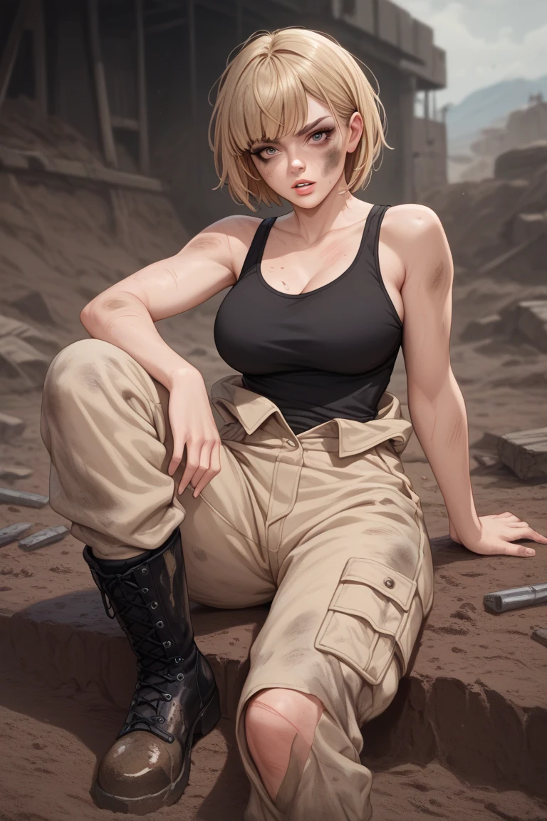 1 girl, voluptuous, confident eyes, parted lips, bruises on body, short blonde hair with bangs, beige jumpsuit, black tank top, black leather boots, muddy ground, devastated landscape 