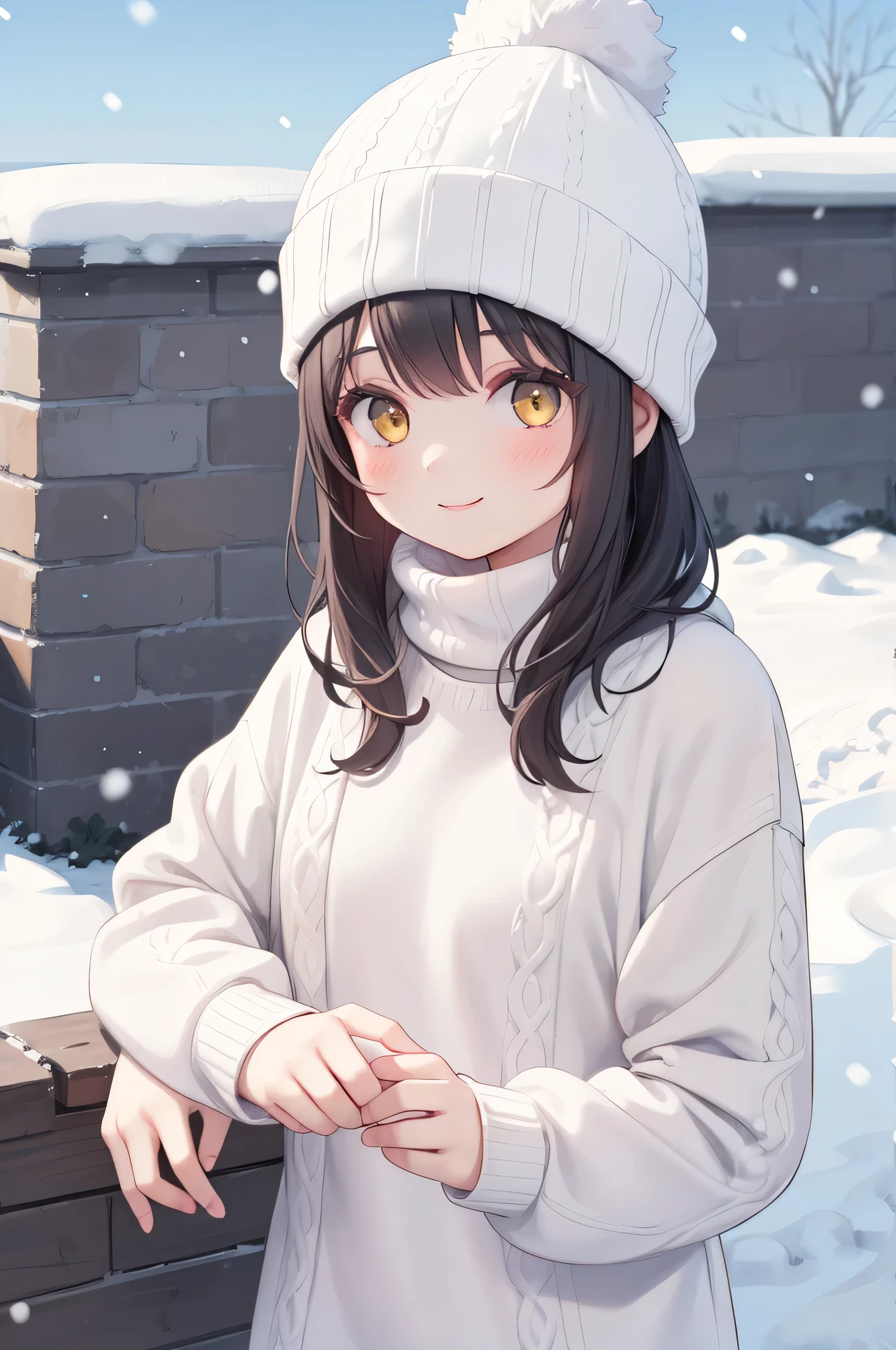 magallan,1girl,masterpiece, best quality,outdoors,snow,blue sky,snow sweater,beanie, looking at viewer,smile,yellow eyes,