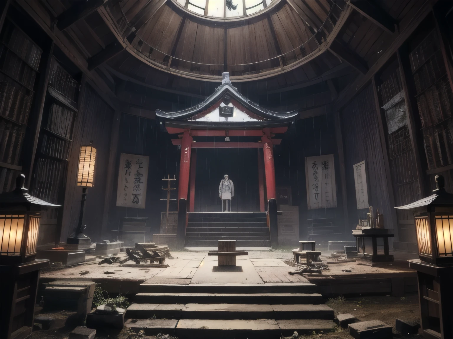 altar,no human,cow bone :2.0,ceremony,Japan,groomy,The Tattered Shrine,Lots of blood,Countless bills,Deep in the forest, Spooky Atmosphere ,rain,Swallow,Lock, saw ,knife,altarに牛の頭骨が捧げられている,Pile of bones