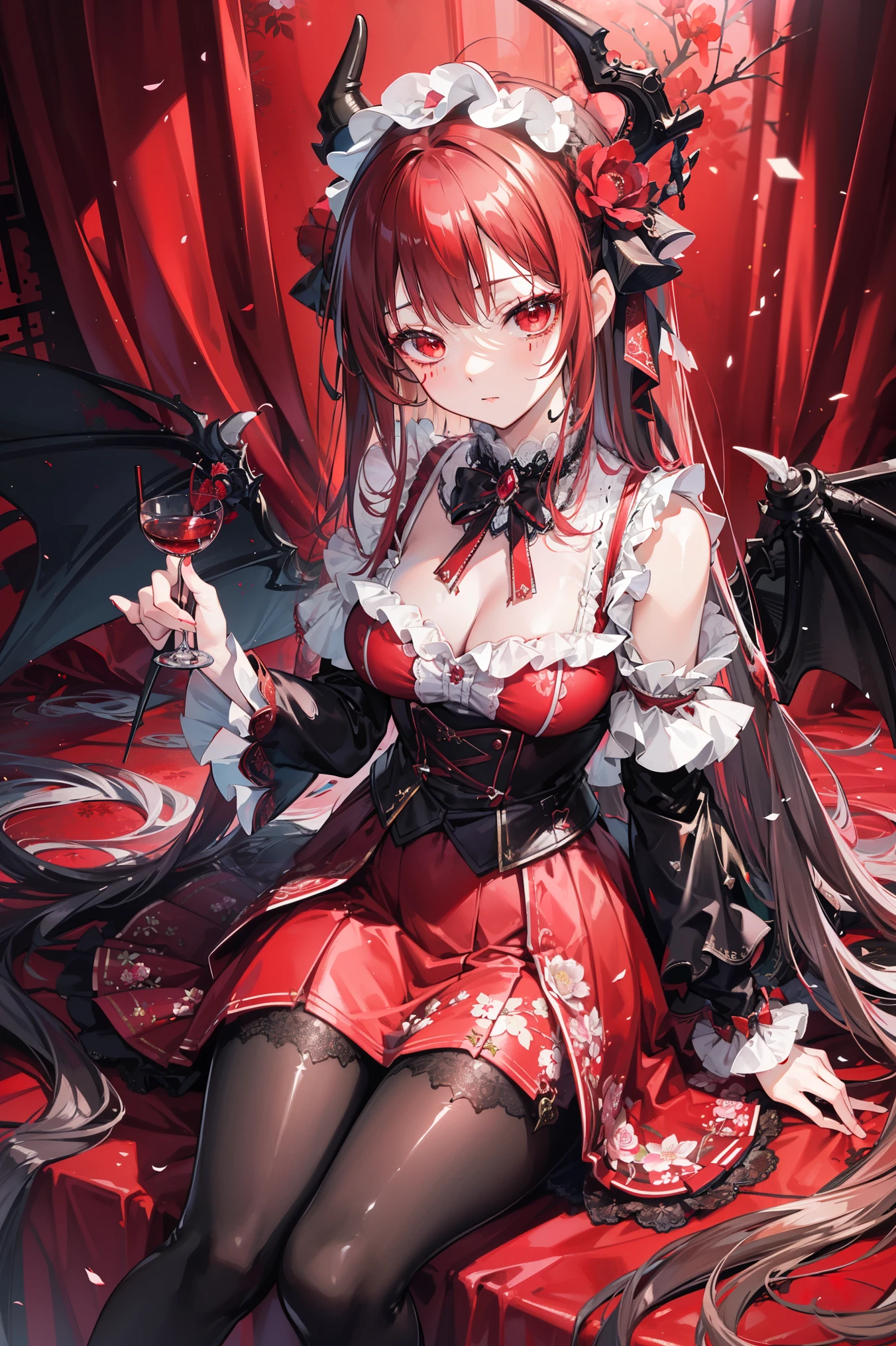 ( extremely detailed CG unification), Detailed Clothes ,ta, masterpiece, Extremely exquisite and beautiful, Devil Girl,Blood splash , 1 Girl, Sitting, messy hair , beautiful detailed eyes, red eyes, lace pantyhose ,Floral scent,Succubus's horns,Girls' Shoes ,Avoid extra feet ,A small amount of gel coat,bathed in blood,scary background