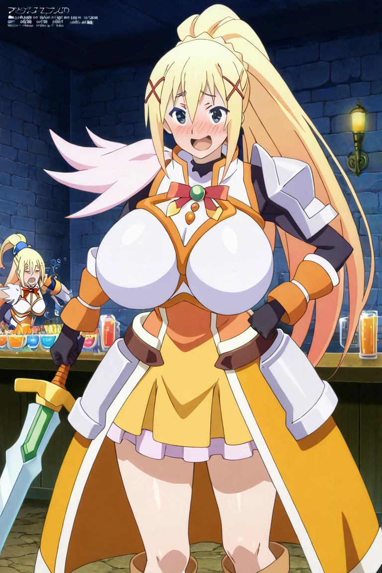 1girl,darkness ,konosuba, sexy poses ,body armour, party room,fantasy bar,body armour,sword,drunk,white armour, skirt white, front view
 ,  Prompt: (huge gigantic super mega hyper:1.4),(biggest round giant massive :1.4), (only one women), source_anime,masterpiece,best quality,highres,absurdres,official art,official style,source_anime,anime screencap,anime coloring,megami magazine,anime,animated,explicit, shiny skin,hot