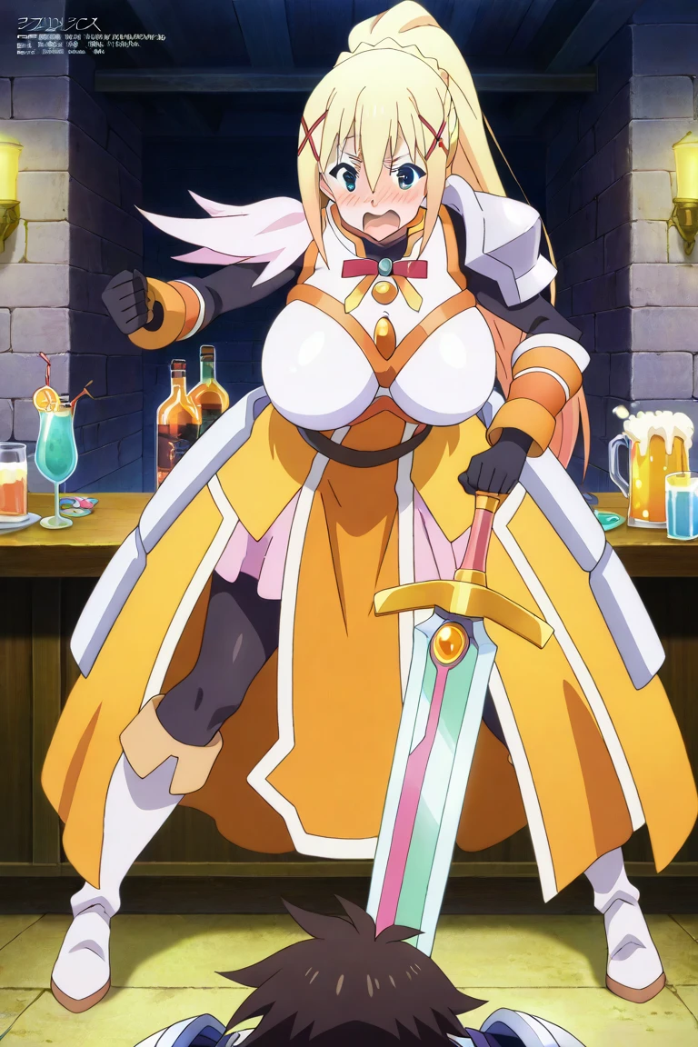 1girl,darkness ,konosuba, sexy poses ,body armour, party room,fantasy bar,body armour,sword,drunk,white armour, skirt white, front view
 ,  Prompt: (huge gigantic super mega hyper:1.4),(biggest round giant massive :1.4), (only one women), source_anime,masterpiece,best quality,highres,absurdres,official art,official style,source_anime,anime screencap,anime coloring,megami magazine,anime,animated,explicit, shiny skin,hot