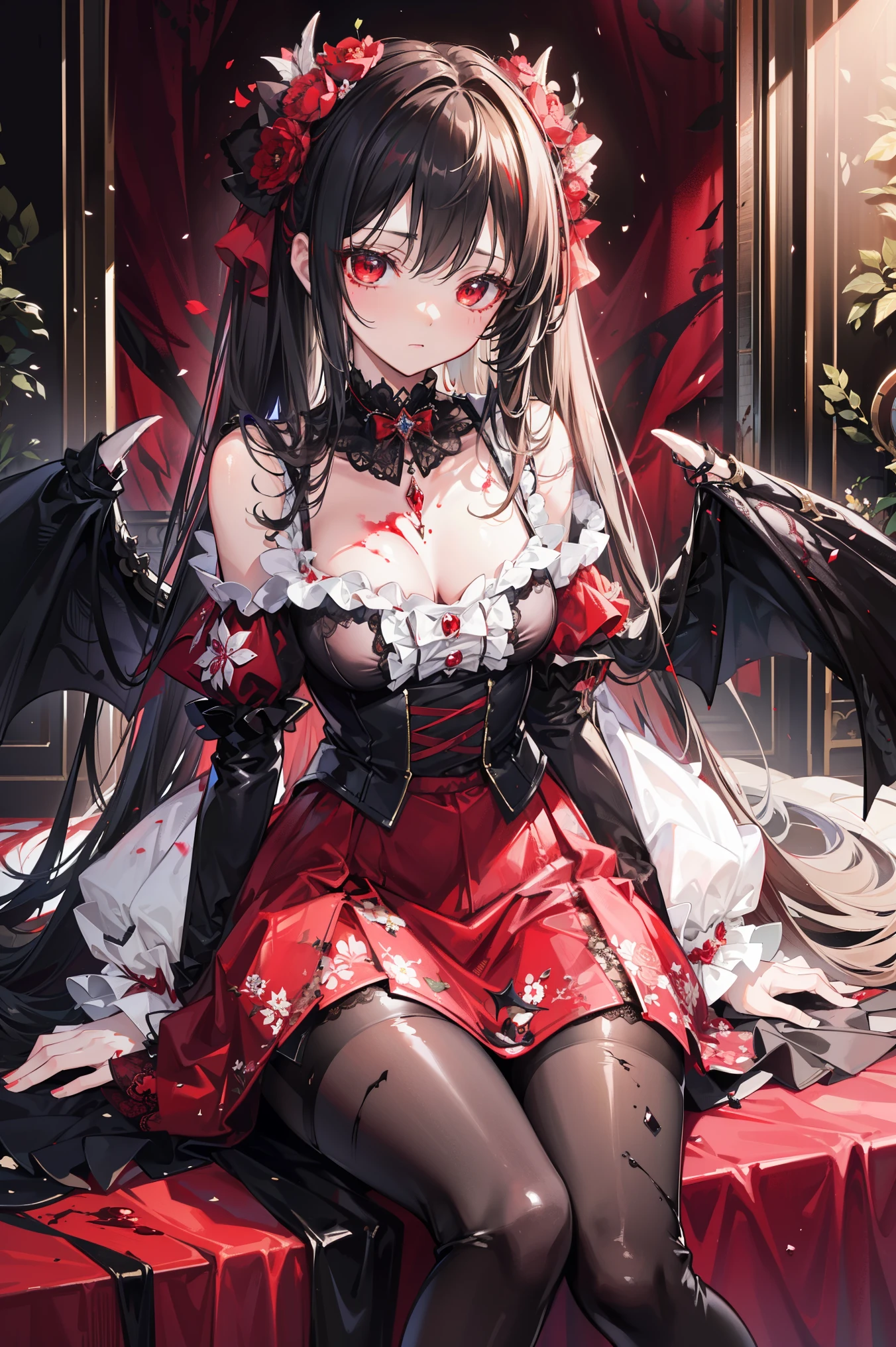 ( extremely detailed CG unification), Detailed Clothes ,ta, masterpiece, Extremely exquisite and beautiful, Devil Girl,Blood splash , 1 Girl, Sitting, messy hair , beautiful detailed eyes, red eyes, lace pantyhose ,Floral scent,Succubus's horns,Girls' Shoes ,Avoid extra feet ,A small amount of gel coat,bathed in blood,scary background