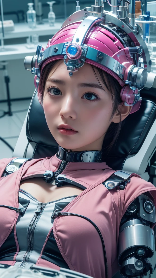 The pink Power Rangers are 、 wearing helmets  、,((  Pink Ranger , )), , (((Heroine Brainwashing)), (((  hypnotic state  ))), ,, break ((( Laboratory, , reclining))),  full body , surgery,(((exposed ,  head mechanical device  ))),((((, in head device)))),