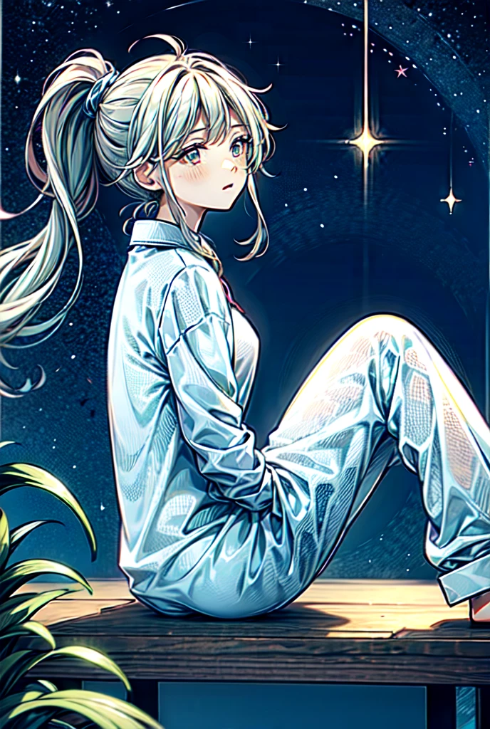 In pajamas　 girl 　 shooting star　 starry sky 　 high resolution