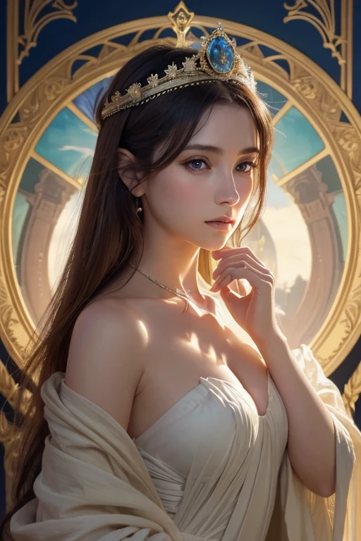 (High resolution,masterpiece:1.2),(Realistic:1.37)"(Highest quality, High resolution, Very detailed, Realistic),Beautiful portrait of a 16-year-old French ballet dancer from the 19th century, (She is half Scottish and half Japanese., She is a beautiful woman with golden eyes and a long nose.:1.1), Exquisite ballet costumes, Detailed facial features, Long and graceful neck, Aquamarine Necklace, Flowing locks of hair, Calm and elegant posture, Soft and delicate lighting, Classical Oil Painting Medium, Vibrant colors, A delicate background with a sun motif", Dreamy atmosphere, Surrealism,Mysterious Aura