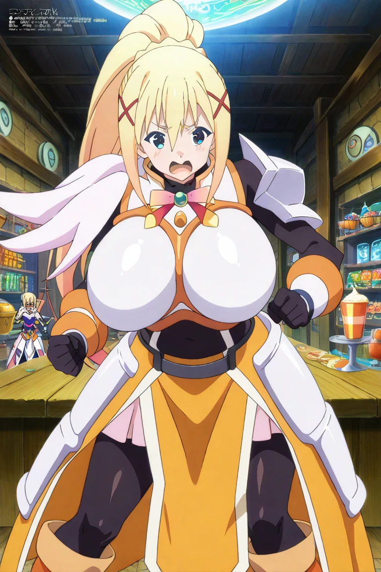 1girl,darkness ,konosuba, sexy poses ,body armour, party room,fantasy bar,body armour,sword,white armour, skirt white, front view
 ,  Prompt: (huge gigantic super mega hyper:1.4),(biggest round giant massive :1.4), (only one women), source_anime,masterpiece,best quality,highres,absurdres,official art,official style,source_anime,anime screencap,anime coloring,megami magazine,anime,animated,explicit, shiny skin,hot