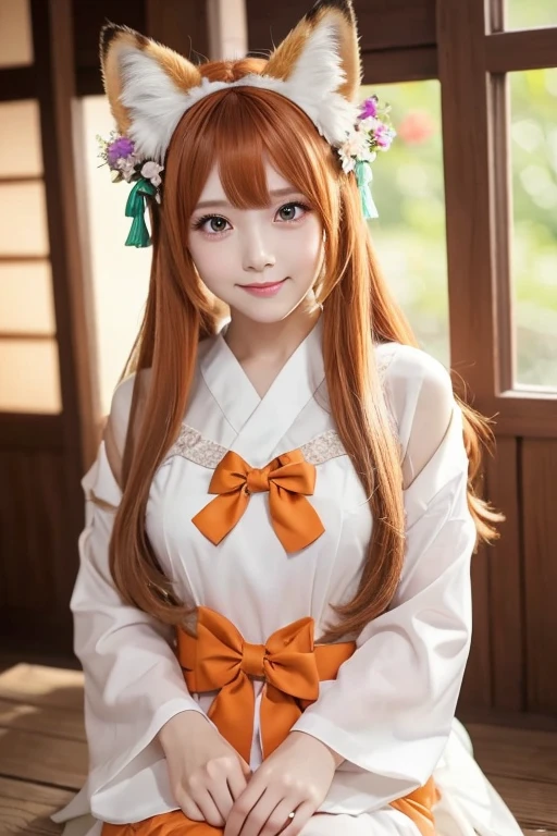 Masterpiece, Best quality, Highly detailed, 1girll, Solo, (:3:1.1), sanimal ear fluff, Animal ears, Orange hair, Fluffy hair, Blush, Brown eyes, flower, Fox ears, Fox girl, Gradient, Gradient background, hair flower, hair adornments, Japanese clothes, komono, view the viewer, miko, Smile, Solo, White kimono, Beautiful lighting, (Alena Ainami:1.3)