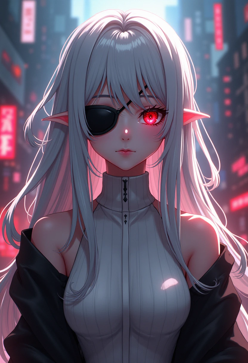 1girl, (standing alone), anime with long white hair and red eyes, girl with white hair, Girl on white turtle neck, ((eye patche)), pointed ears, ((vampyre)), ssmile, Smug, cloused mouth, cowboy shot, perfect white hair, white haired deity, digital cyberpunk anime art, turtleneck, Lens flare, ((dramatic lighting)), soft, glowing red eyes, extremely detaild, master part, Looking at Viewer, city in background, (natta)