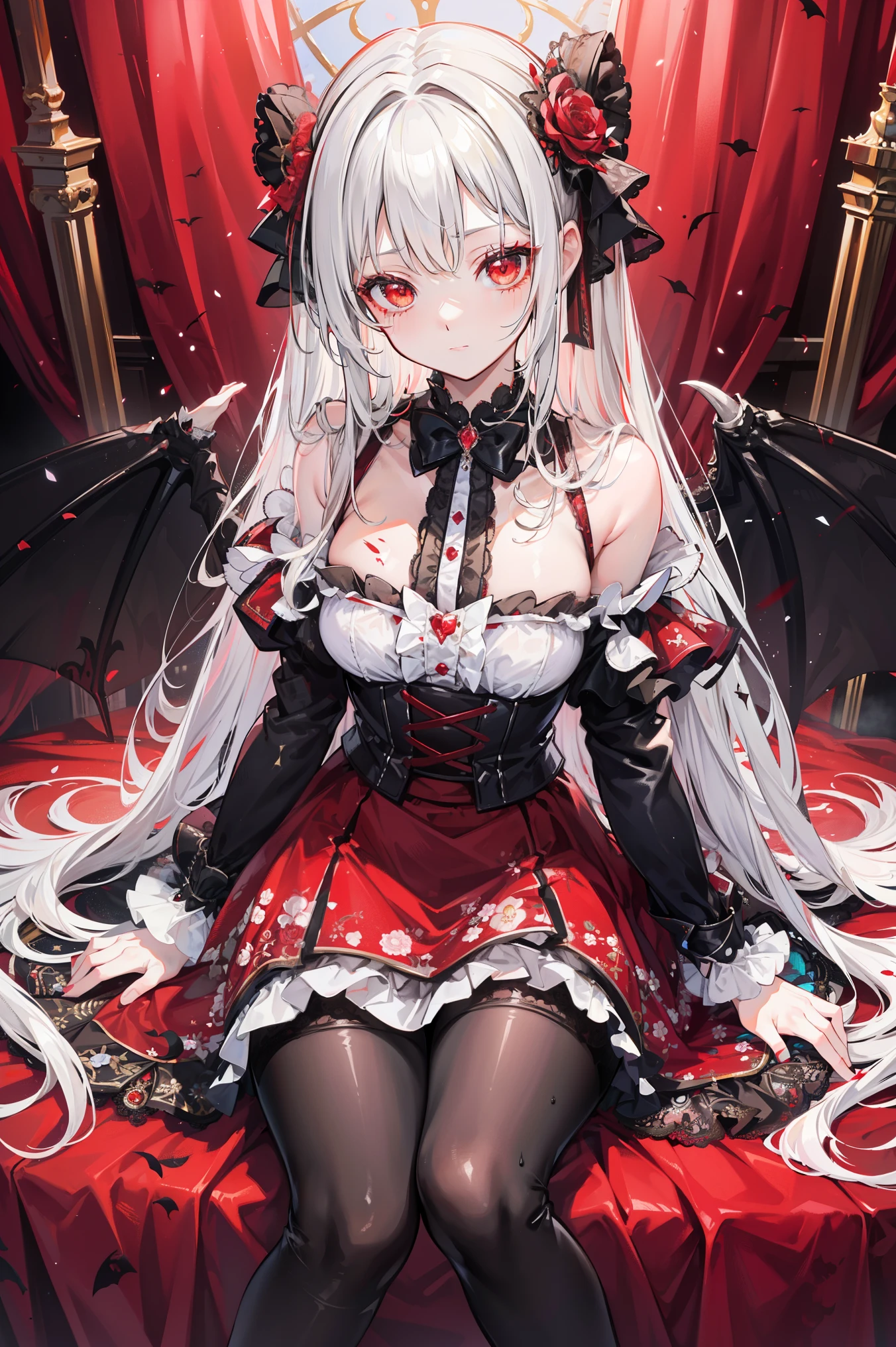 ( extremely detailed CG unification), Detailed Clothes ,ta, masterpiece, Extremely exquisite and beautiful, Devil Girl,Blood splash , 1 Girl, Sitting, messy hair , beautiful detailed eyes, red eyes, lace pantyhose ,Floral scent,Succubus's horns,Girls' Shoes ,Avoid extra feet ,A small amount of gel coat,bathed in blood,scary background