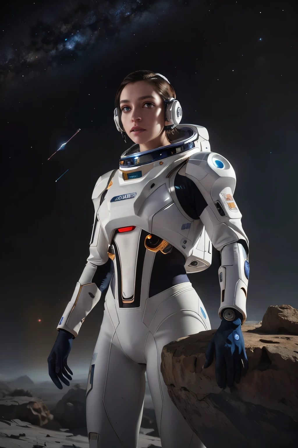 a futuristic space exploration scene, wearing a white spacesuit, beautiful detailed eyes, beautiful detailed lips, extremely detailed face, long eyelashes, astronaut holding a high-tech device, advanced alien spacecraft in the background, floating rocks and debris, colorful nebula, digital art, cinematic lighting, vibrant colors, dramatic atmosphere, highly detailed, 8k, photorealistic, concept art style