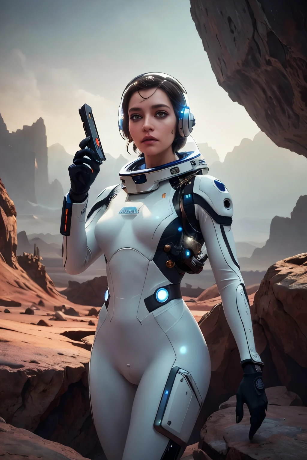 a futuristic space exploration scene, wearing a white spacesuit, beautiful detailed eyes, beautiful detailed lips, extremely detailed face, long eyelashes, astronaut holding a high-tech device, advanced alien spacecraft in the background, floating rocks and debris, colorful nebula, digital art, cinematic lighting, vibrant colors, dramatic atmosphere, highly detailed, 8k, photorealistic, concept art style