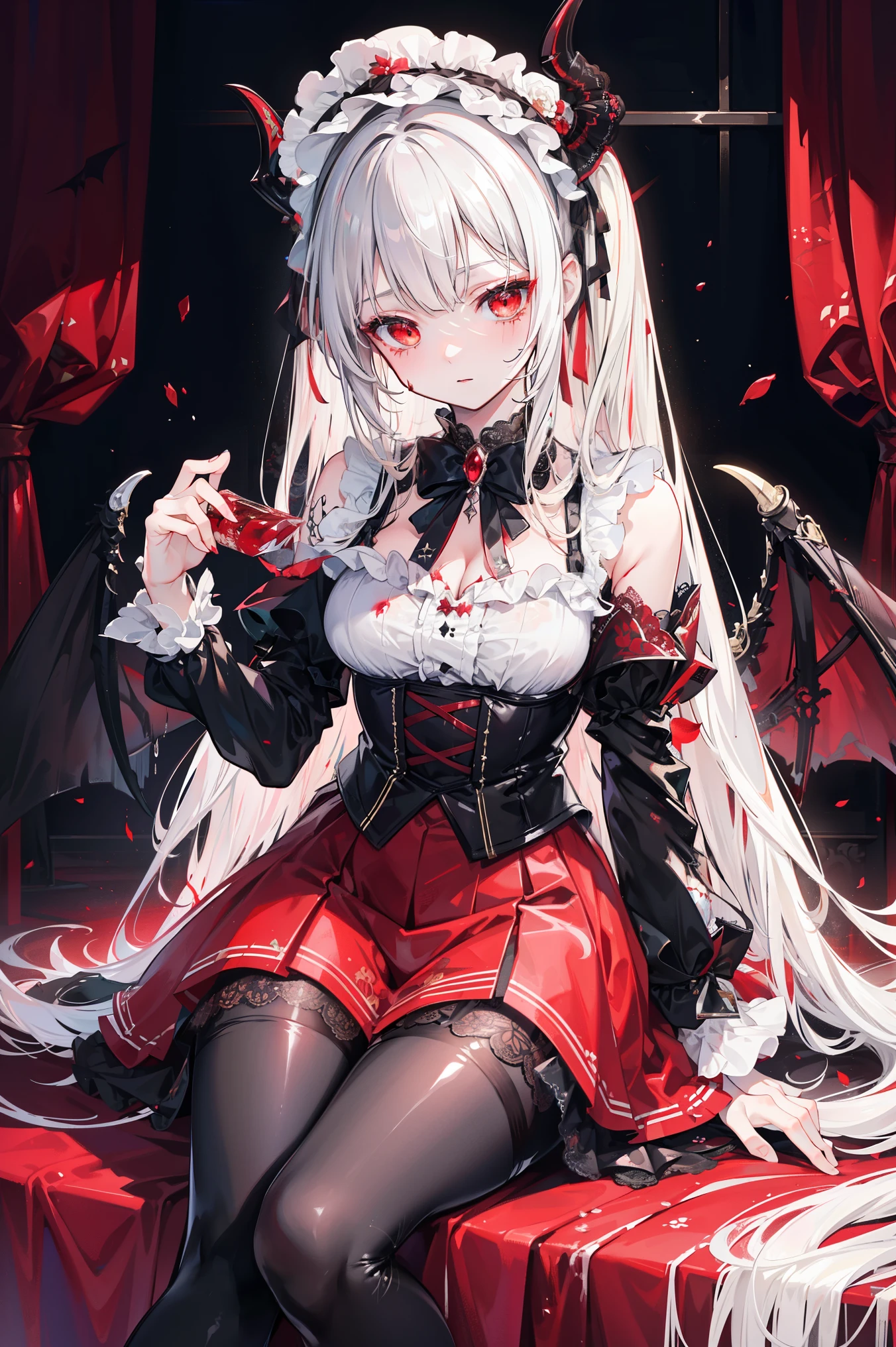 ( extremely detailed CG unification),  Detailed Clothes  ,ta，  masterpiece,  Extremely exquisite and beautiful,  Devil Girl，Blood splash , 1 Girl, Sitting,   messy hair ,  beautiful detailed eyes， red eyes,  lace pantyhose ，Floral scent，Succubus&#39;s horns，Girls' Shoes ，Avoid extra feet ，A small amount of gel coat，bathed in blood，scary background