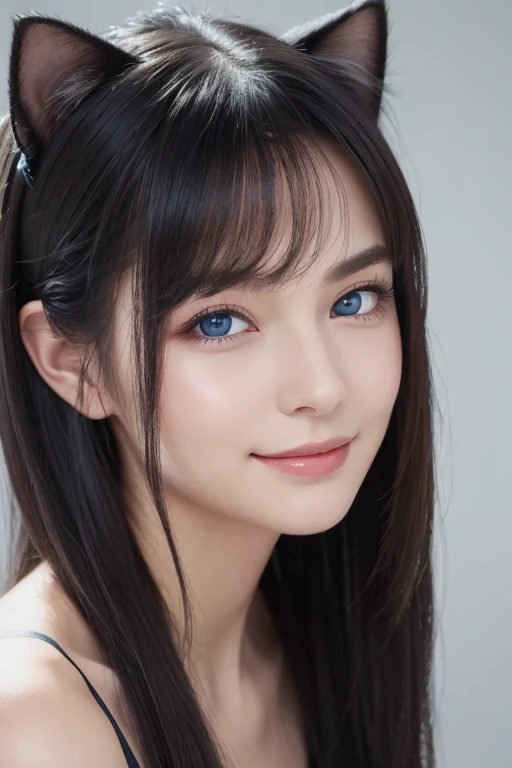 (masterpiece: 1.2,  top quality ), (Actual photo,  detailed information on dark black hair), 1. Lady, Alone,  upper body,  casual,  hair that reaches the shoulders ,  minimal makeup , Natural Fibers,  face close-up , smile, Home, Gray Hair,  blue eyes, cat ears,