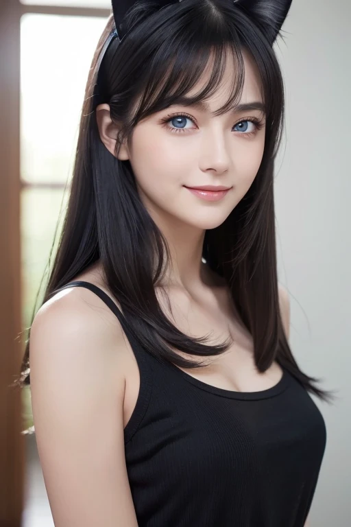 (masterpiece: 1.2,  top quality ), (Actual photo,  detailed information on dark black hair), 1. Lady, Alone,  upper body,  casual,  hair that reaches the shoulders ,  minimal makeup , Natural Fibers,  face close-up , smile, Home, Gray Hair,  blue eyes, cat ears,