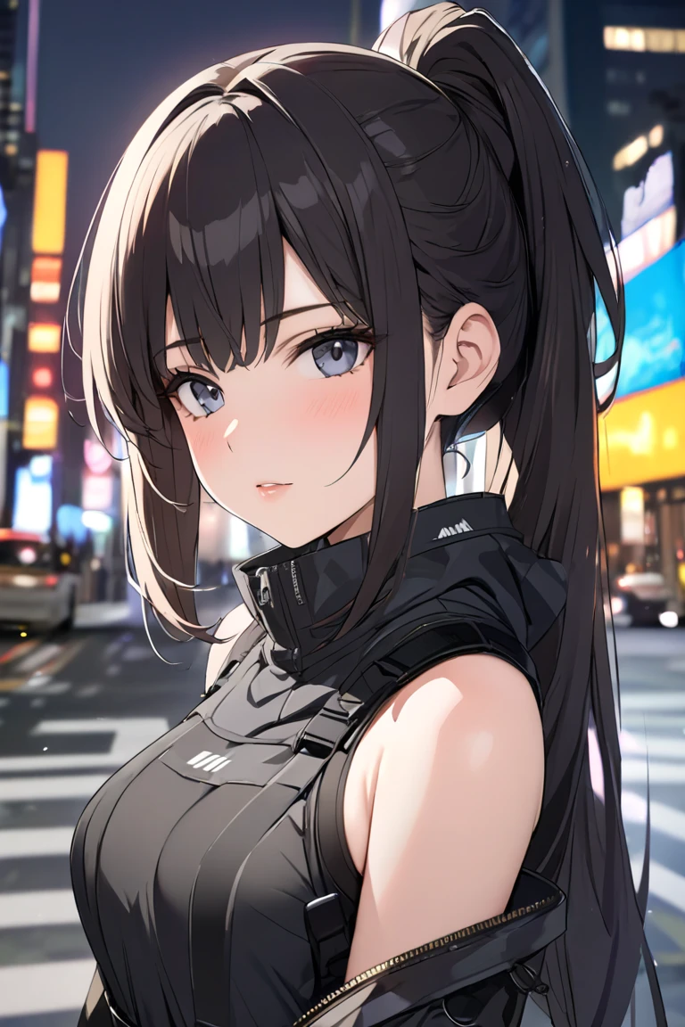 Highest quality、Realistic、woman、zoom、Orange eyes、Short black wavy hair、Reinforced Body、Hero Suit、Glossy white bodysuit、Blue and gold accents、thin、Dark Skin、Flat Chest、Inappropriate smile、Busy Street、Bust Shot、