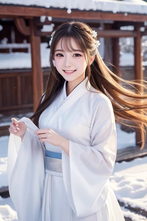  top quality , 4k image quality,  One Girl , White Hanfu, snow,  long hair that flutters in the wind ,  healing smile , Large diameter,  Blurry Backgrounds 